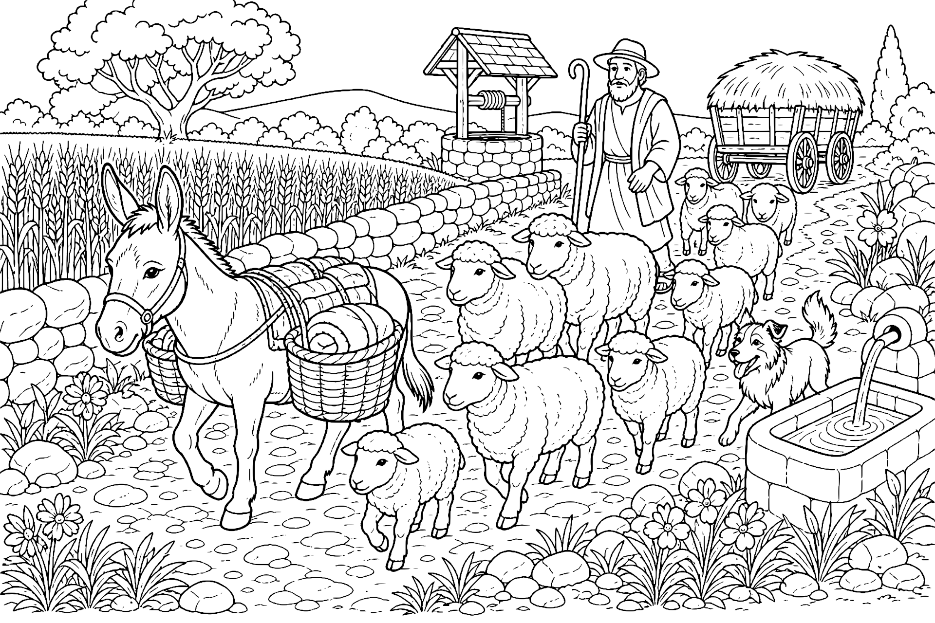 Bauernhoftiere Ausmalbild ab 8 Jahre - Esel und Schafe auf dem Feldweg - Ausmalbild ab 8 Jahren