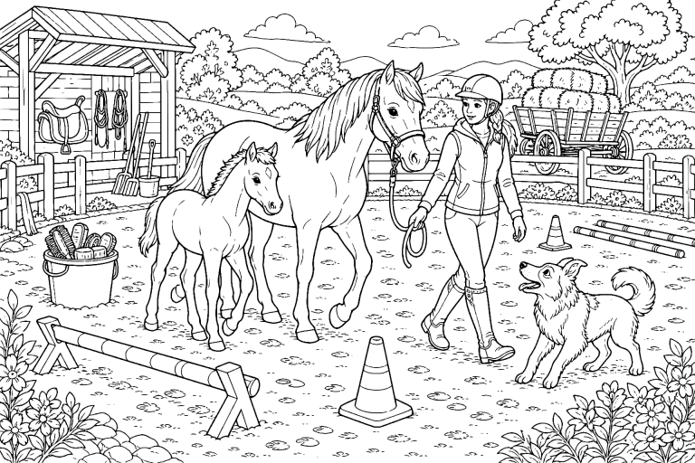 Bauernhoftiere Ausmalbild ab 8 Jahre - Pony und Fohlen am Reitplatz - Ausmalbild ab 8 Jahren