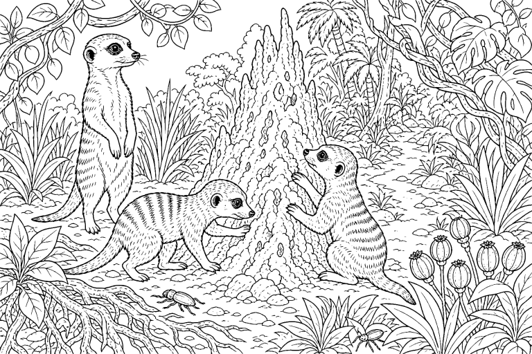 Dschungeltiere Ausmalbild ab 8 Jahre - Erdmännchen am Termitenhügel - Ausmalbild ab 8 Jahren