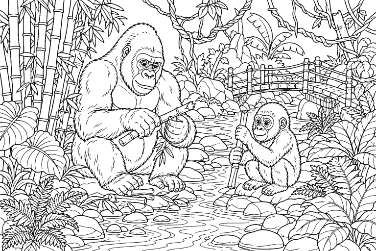 Dschungeltiere Ausmalbild ab 8 Jahre - Gorilla am Bambusbach - Ausmalbild ab 8 Jahren