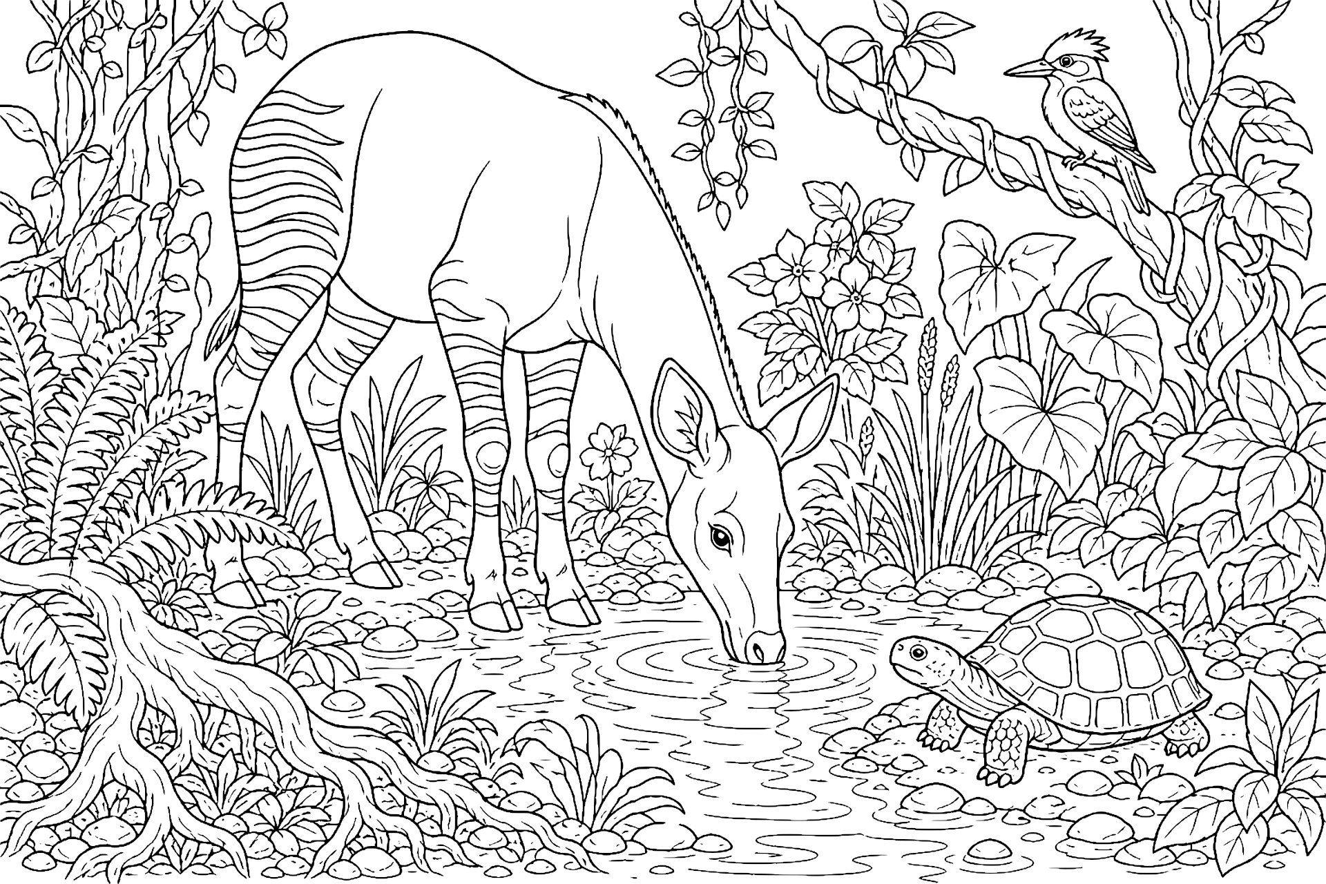 Dschungeltiere Ausmalbild ab 8 Jahre - Okapi an der Wasserstelle - Ausmalbild ab 8 Jahren
