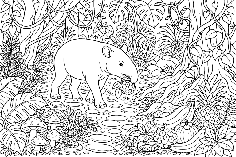 Dschungeltiere Ausmalbild ab 8 Jahre - Tapir auf dem Waldpfad - Ausmalbild ab 8 Jahren