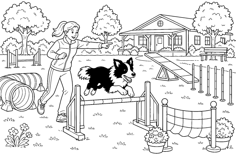 Border Collie beim Agility-Parcours - Ausmalbild ab 8 Jahre - Ausmalbild ab 8 Jahren