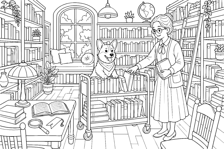Corgi als Bibliothekshelfer - Ausmalbild ab 8 Jahre - Ausmalbild ab 8 Jahren