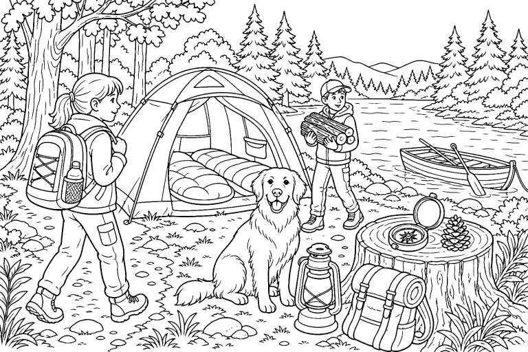 Golden Retriever beim Campingausflug - Ausmalbild ab 8 Jahre - Ausmalbild ab 8 Jahren