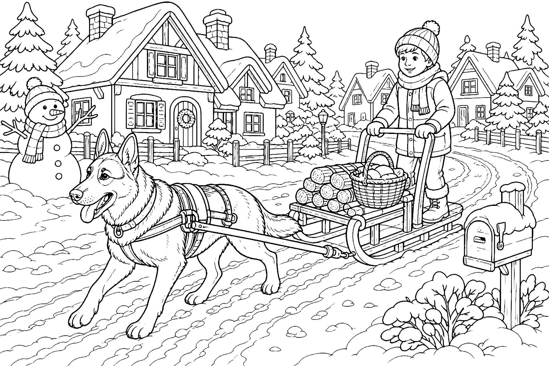 Schäferhund im Winterdorf