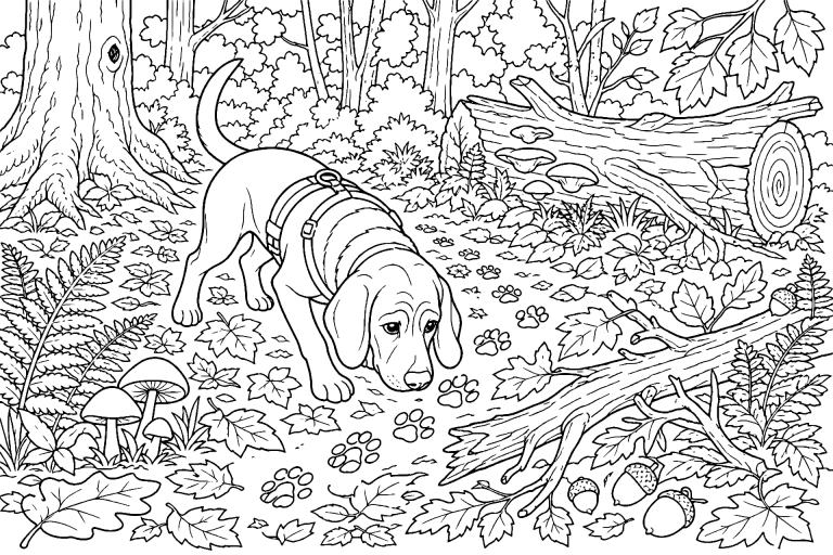 Spürhund im Herbstwald - Ausmalbild ab 8 Jahre - Ausmalbild ab 8 Jahren