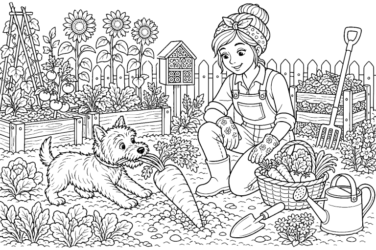 Terrier im Gemüsegarten - Ausmalbild ab 8 Jahre - Ausmalbild ab 8 Jahren