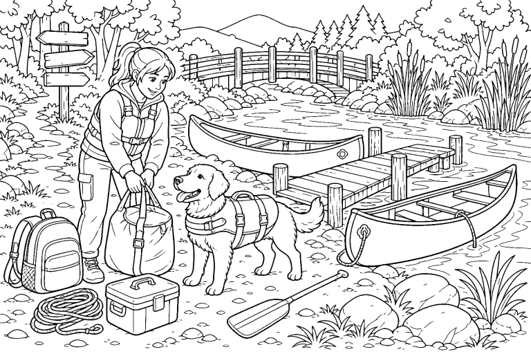 Wasserhund am Kanuplatz - Ausmalbild ab 8 Jahre - Ausmalbild ab 8 Jahren