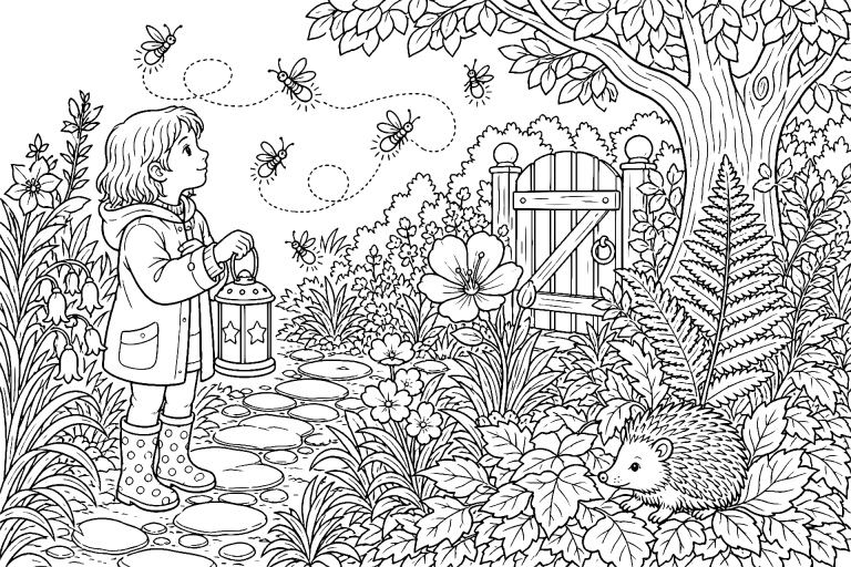 Glühwürmchen im nächtlichen Garten – Ausmalbild ab 8 Jahren - Ausmalbild ab 8 Jahren