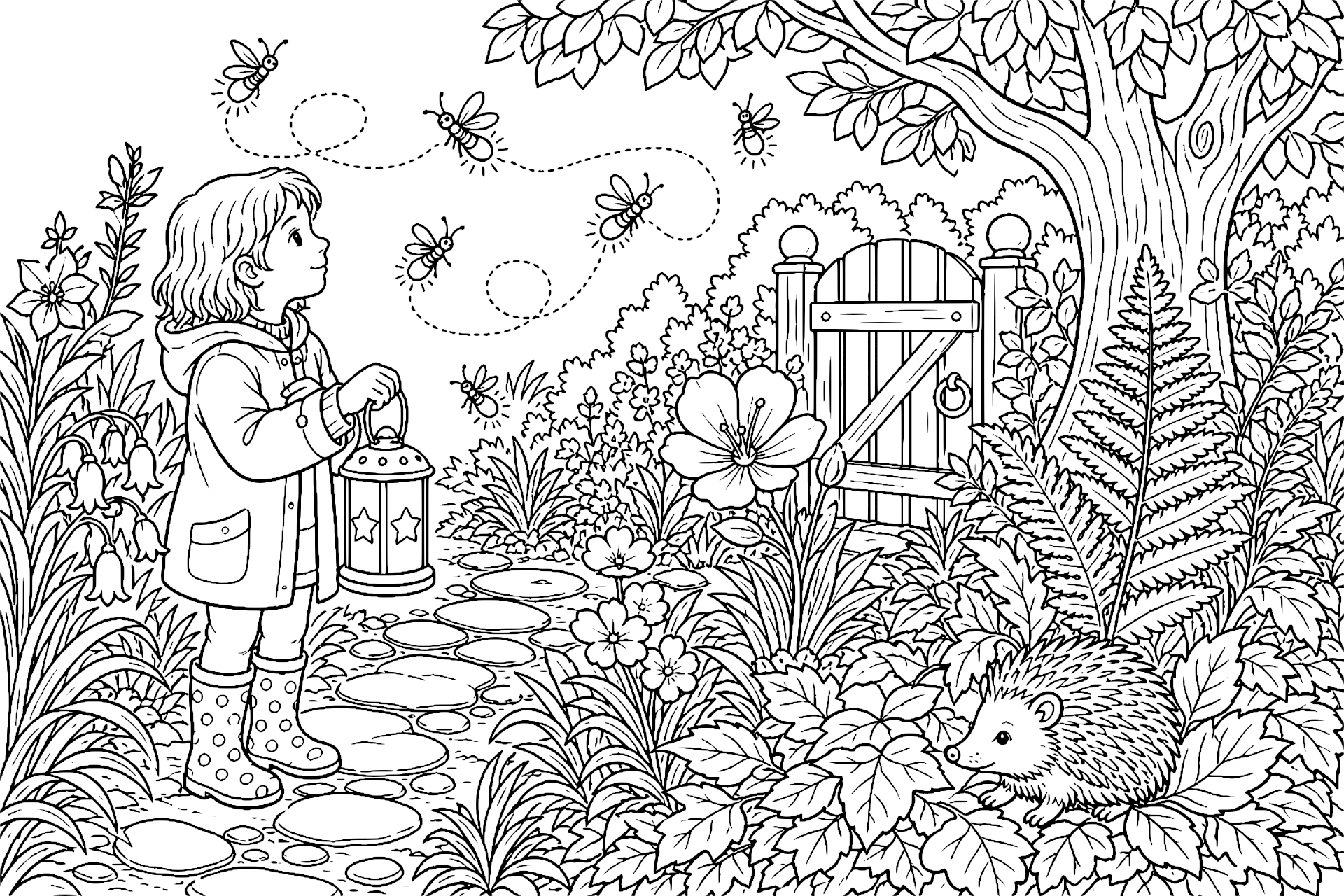 Glühwürmchen im nächtlichen Garten – Ausmalbild ab 8 Jahren - Ausmalbild ab 8 Jahren