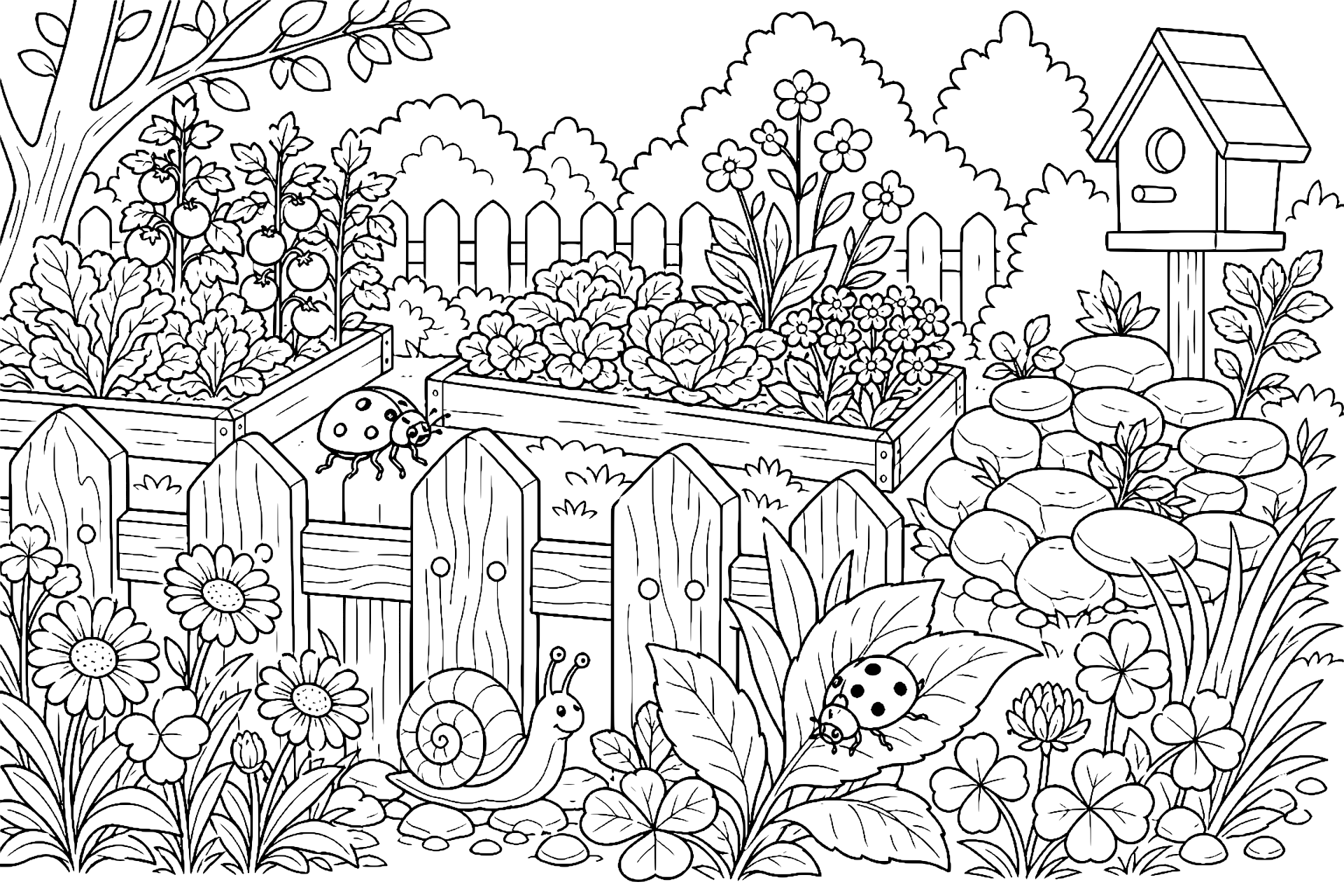 Marienkäfer auf dem Gartenzaun – Ausmalbild ab 8 Jahren - Ausmalbild ab 8 Jahren