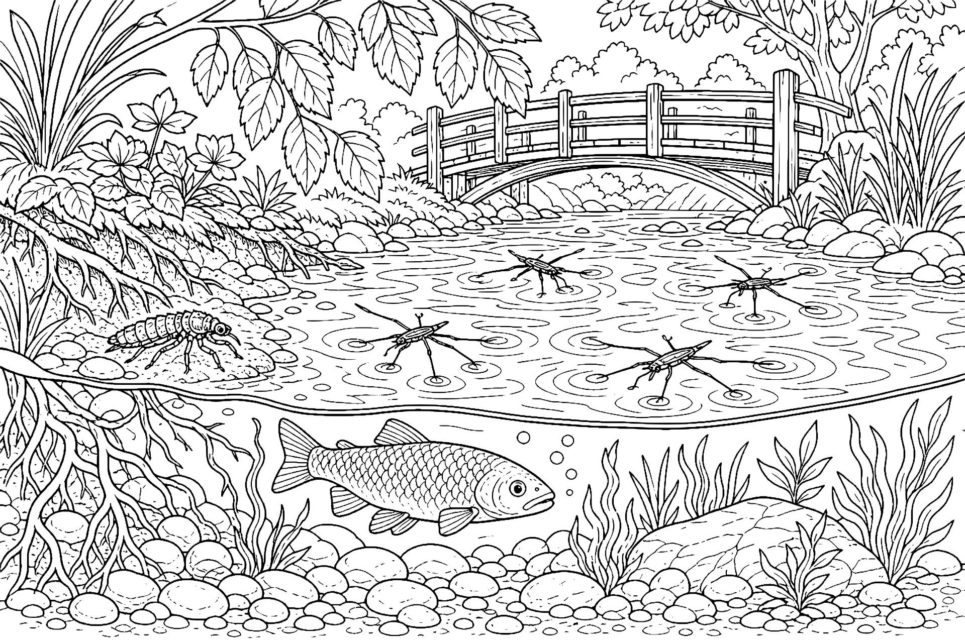 Wasserläufer auf dem Bach – Ausmalbild ab 8 Jahren - Ausmalbild ab 8 Jahren