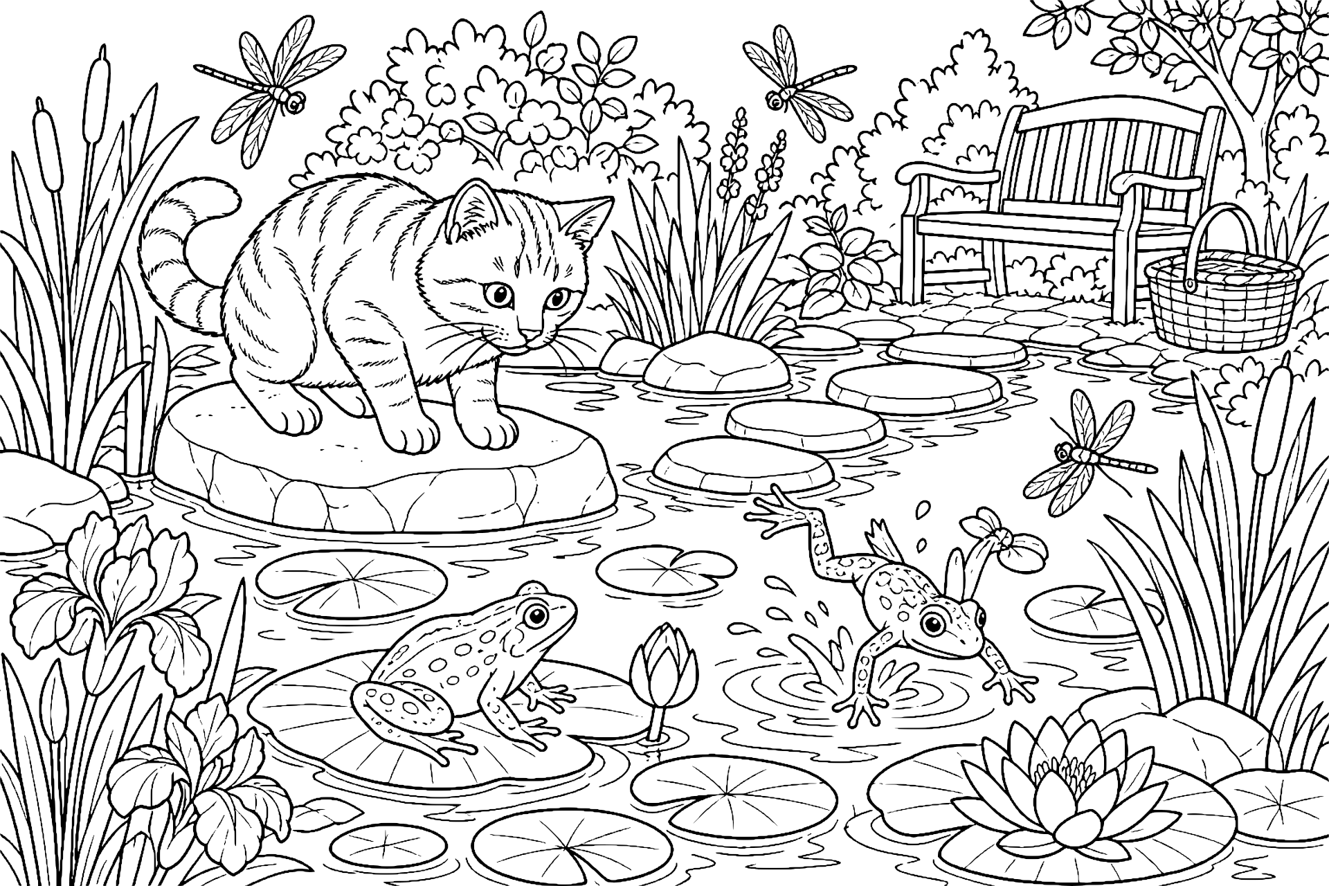 Katze beobachtet einen Teich mit Fröschen – Ausmalbild ab 8 Jahre - Ausmalbild ab 8 Jahren