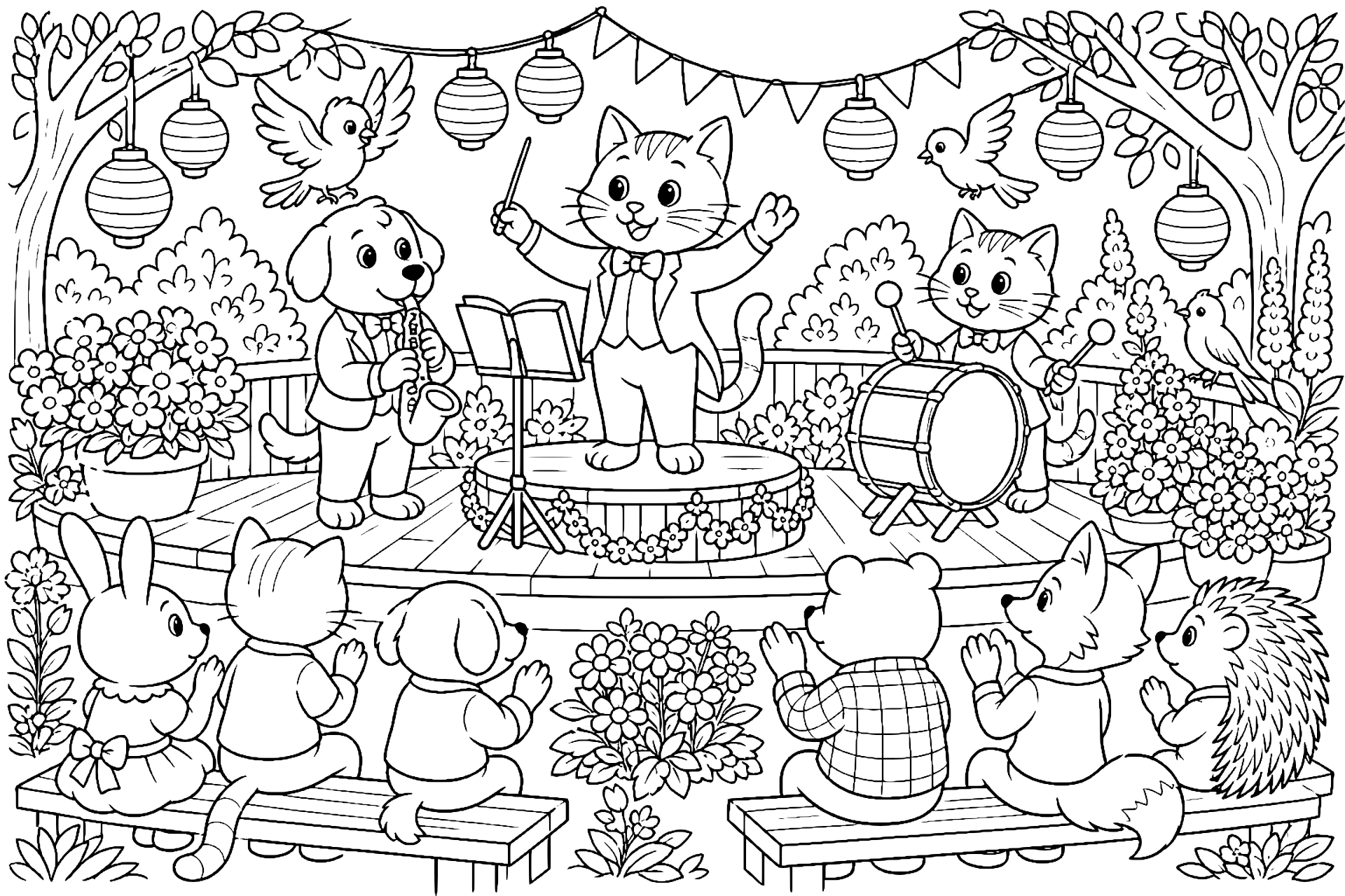 Katze dirigiert ein Gartenkonzert – Ausmalbild ab 8 Jahre - Ausmalbild ab 8 Jahren