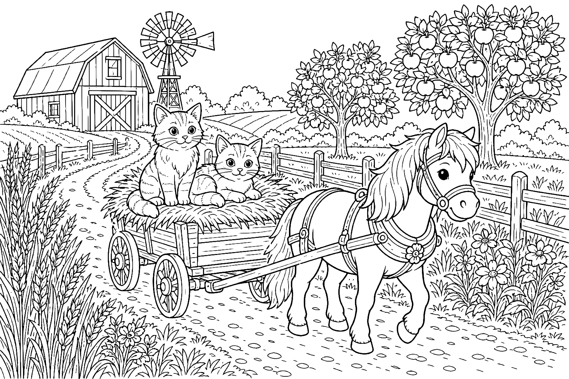 Katze fährt mit einem kleinen Heuwagen – Ausmalbild ab 8 Jahre - Ausmalbild ab 8 Jahren