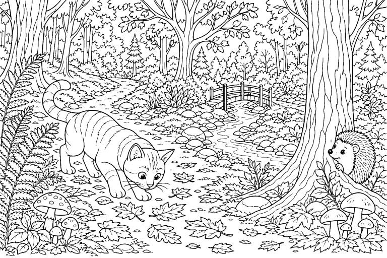 Katze folgt einer Spur durch den Herbstwald – Ausmalbild ab 8 Jahre - Ausmalbild ab 8 Jahren