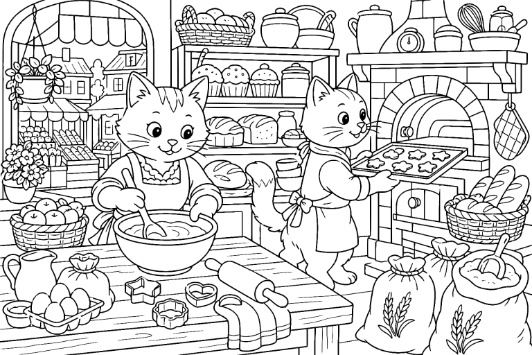 Katze hilft in einer kleinen Bäckerei – Ausmalbild ab 8 Jahre - Ausmalbild ab 8 Jahren