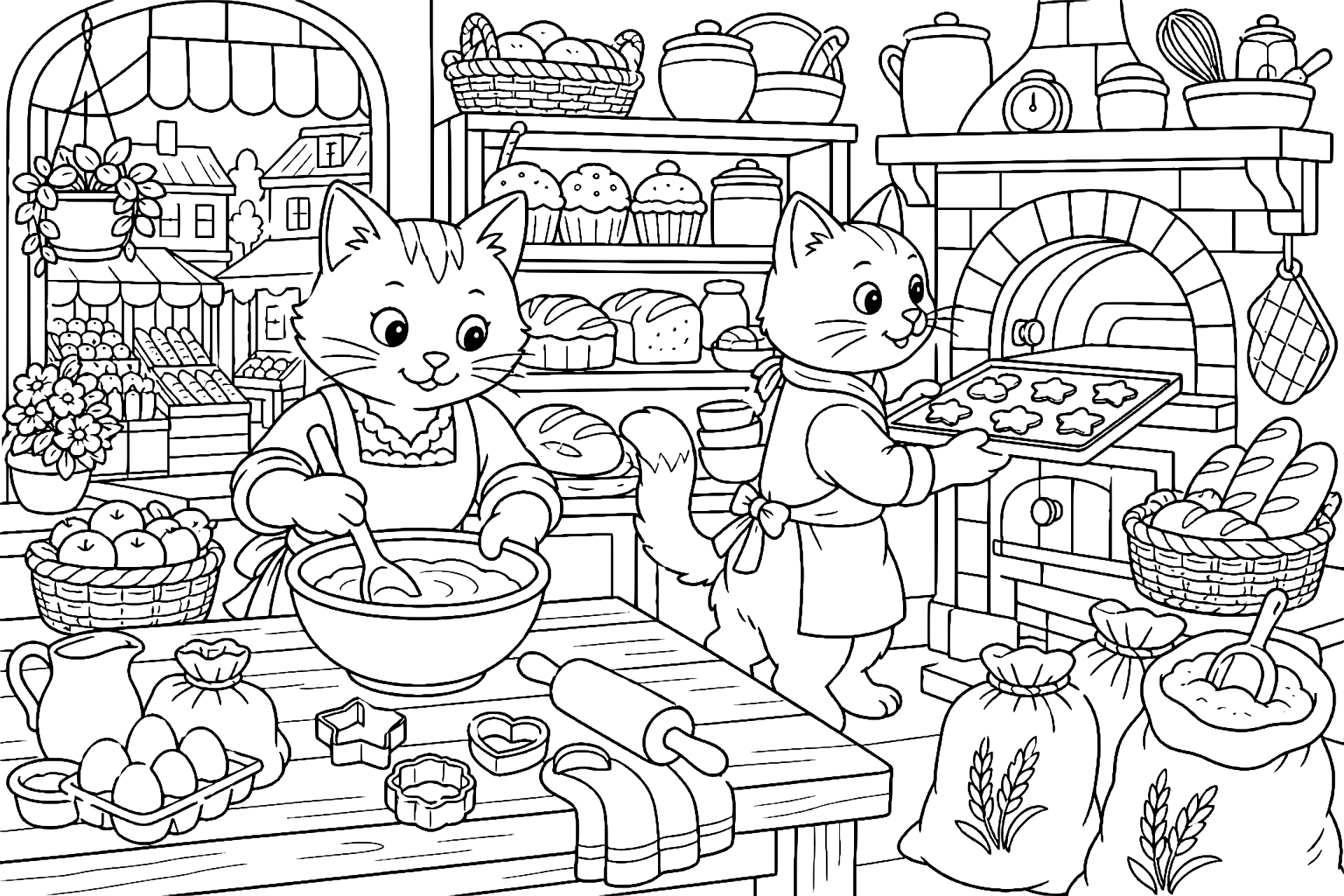 Katze hilft in einer kleinen Bäckerei – Ausmalbild ab 8 Jahre - Ausmalbild ab 8 Jahren