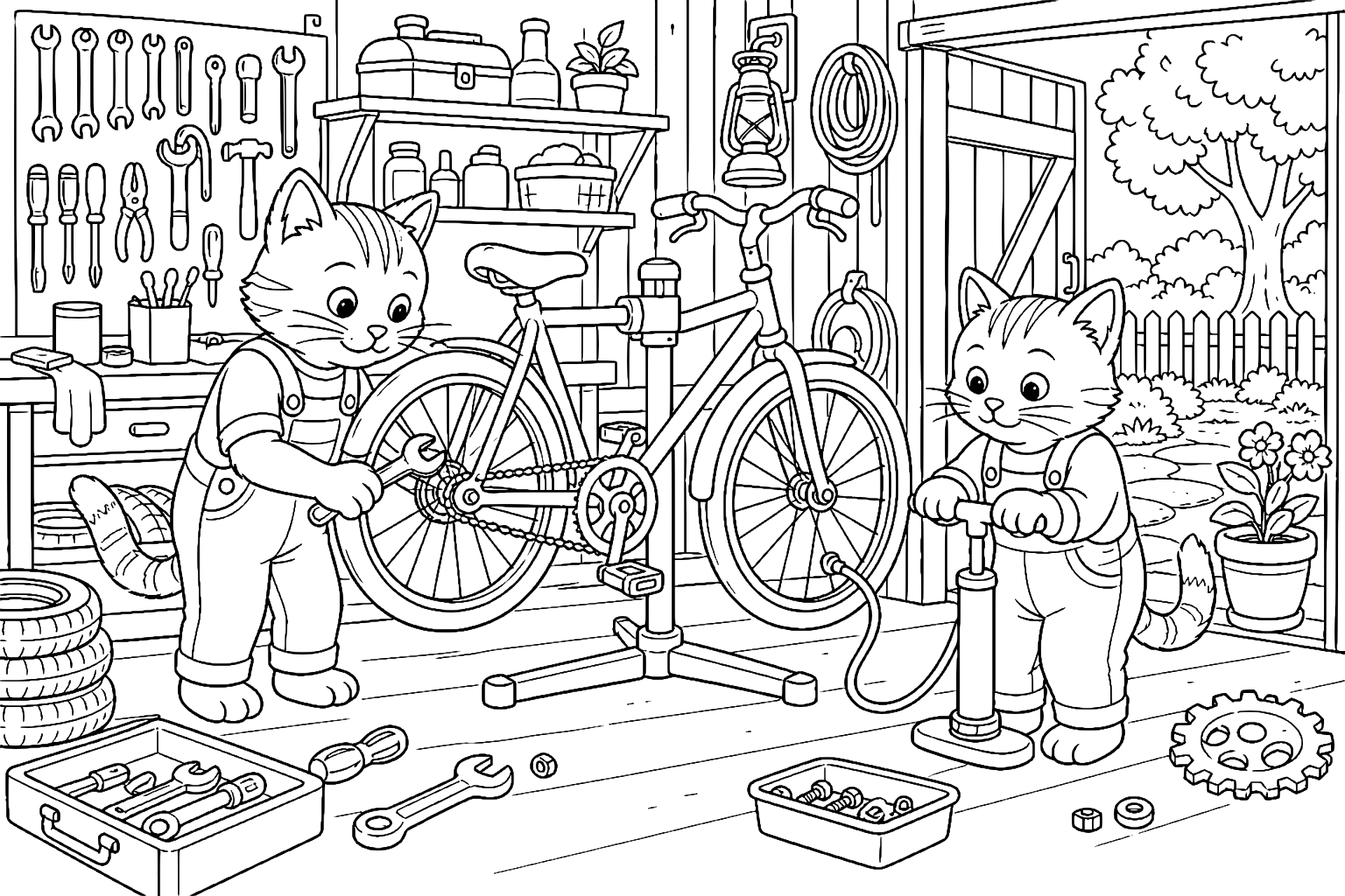 Katze repariert ein altes Fahrrad – Ausmalbild ab 8 Jahre - Ausmalbild ab 8 Jahren