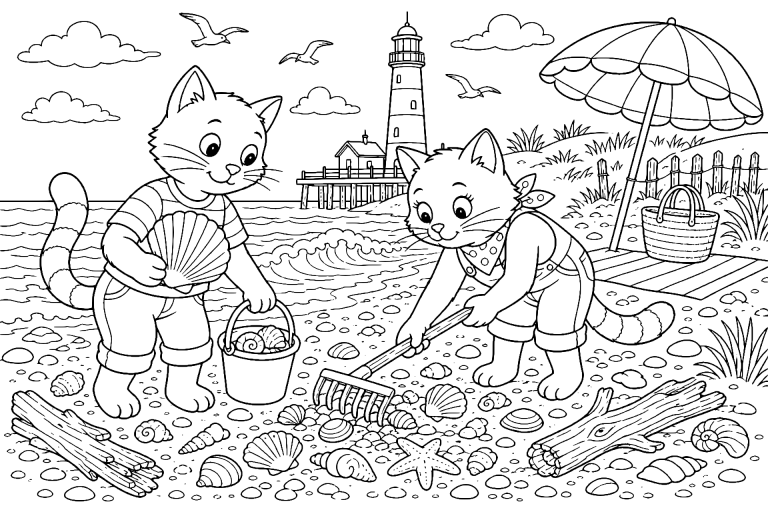 Katze sammelt Muscheln am Strand – Ausmalbild ab 8 Jahre - Ausmalbild ab 8 Jahren
