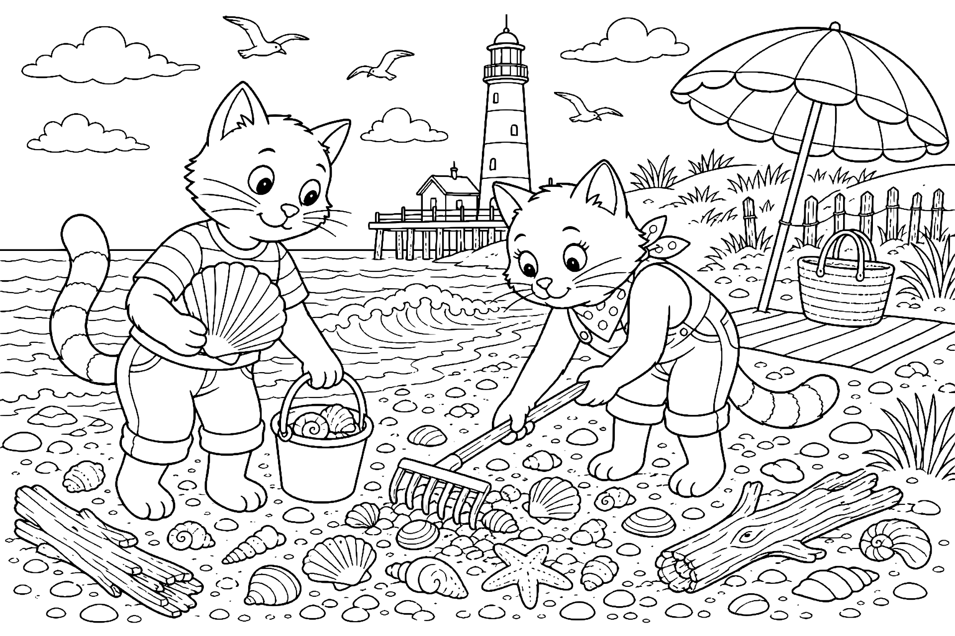 Katze sammelt Muscheln am Strand – Ausmalbild ab 8 Jahre - Ausmalbild ab 8 Jahren
