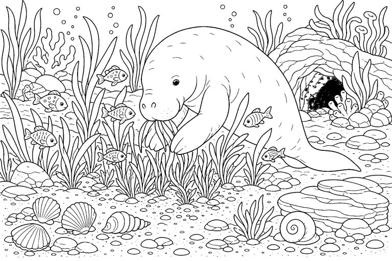 Meerestiere Ausmalbild ab 8 Jahre - Dugong pflegt den Seegrasgarten - Ausmalbild ab 8 Jahren