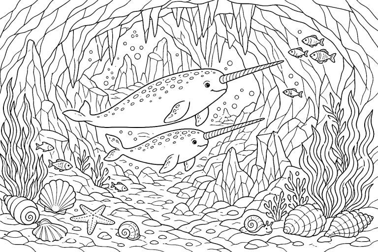 Meerestiere Ausmalbild ab 8 Jahre - Narwale durchqueren eine Eisgrotte - Ausmalbild ab 8 Jahren