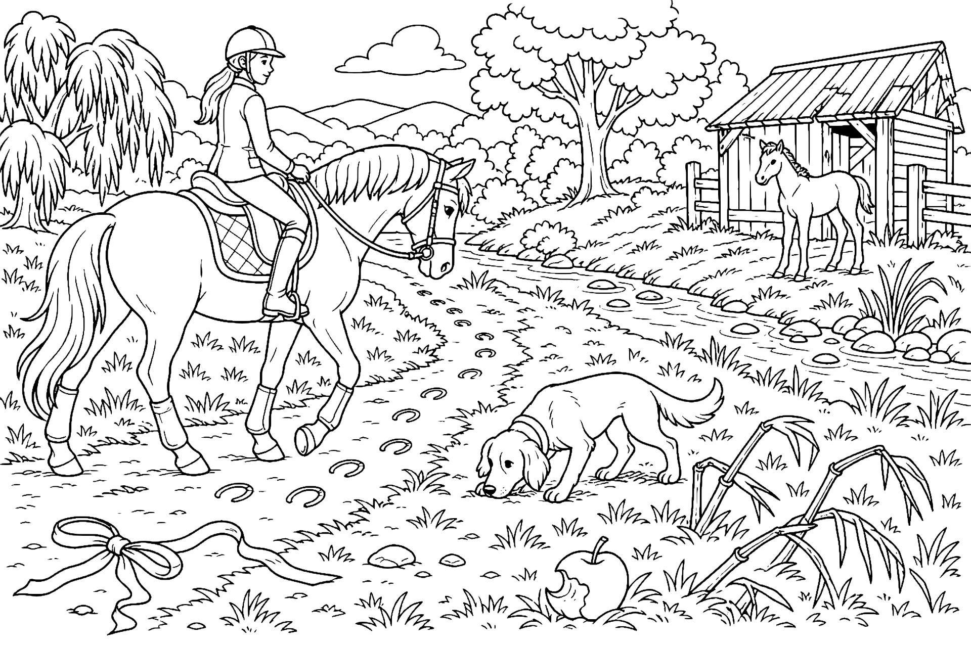 Pferd auf der Suche nach dem verlorenen Fohlen - Ausmalbild ab 8 Jahren