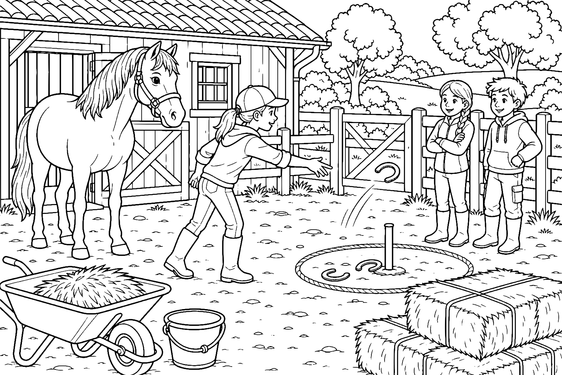 Pferd beim Hufeisenwerfen auf dem Reiterhof - Ausmalbild ab 8 Jahren