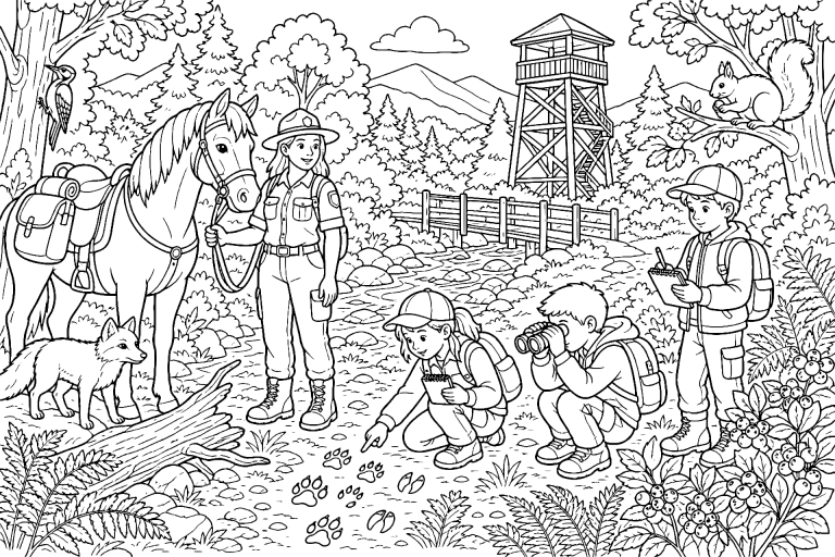 Pferd führt eine Kindergruppe durch den Naturpark - Ausmalbild ab 8 Jahren