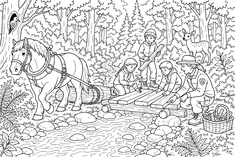 Pferd hilft beim Bau einer Waldbrücke - Ausmalbild ab 8 Jahren