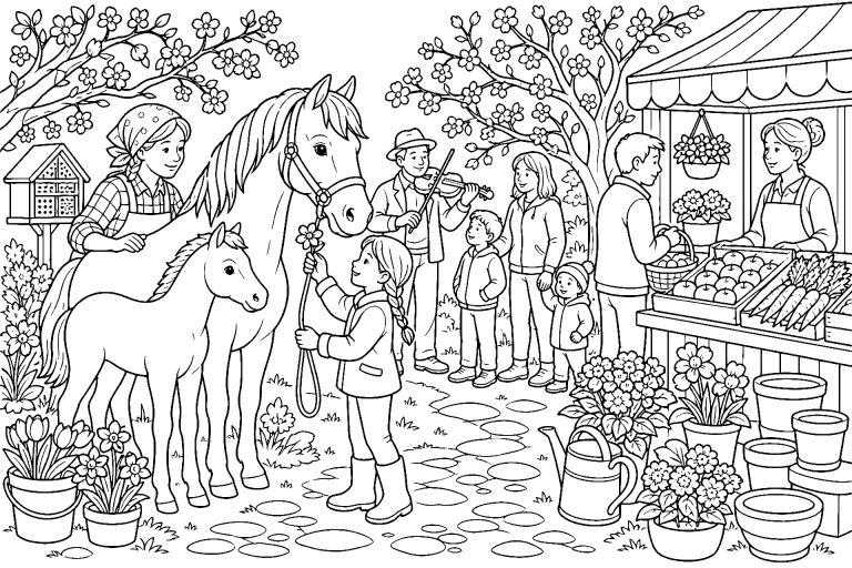 Pferd mit Fohlen auf dem Frühlingsmarkt - Ausmalbild ab 8 Jahren