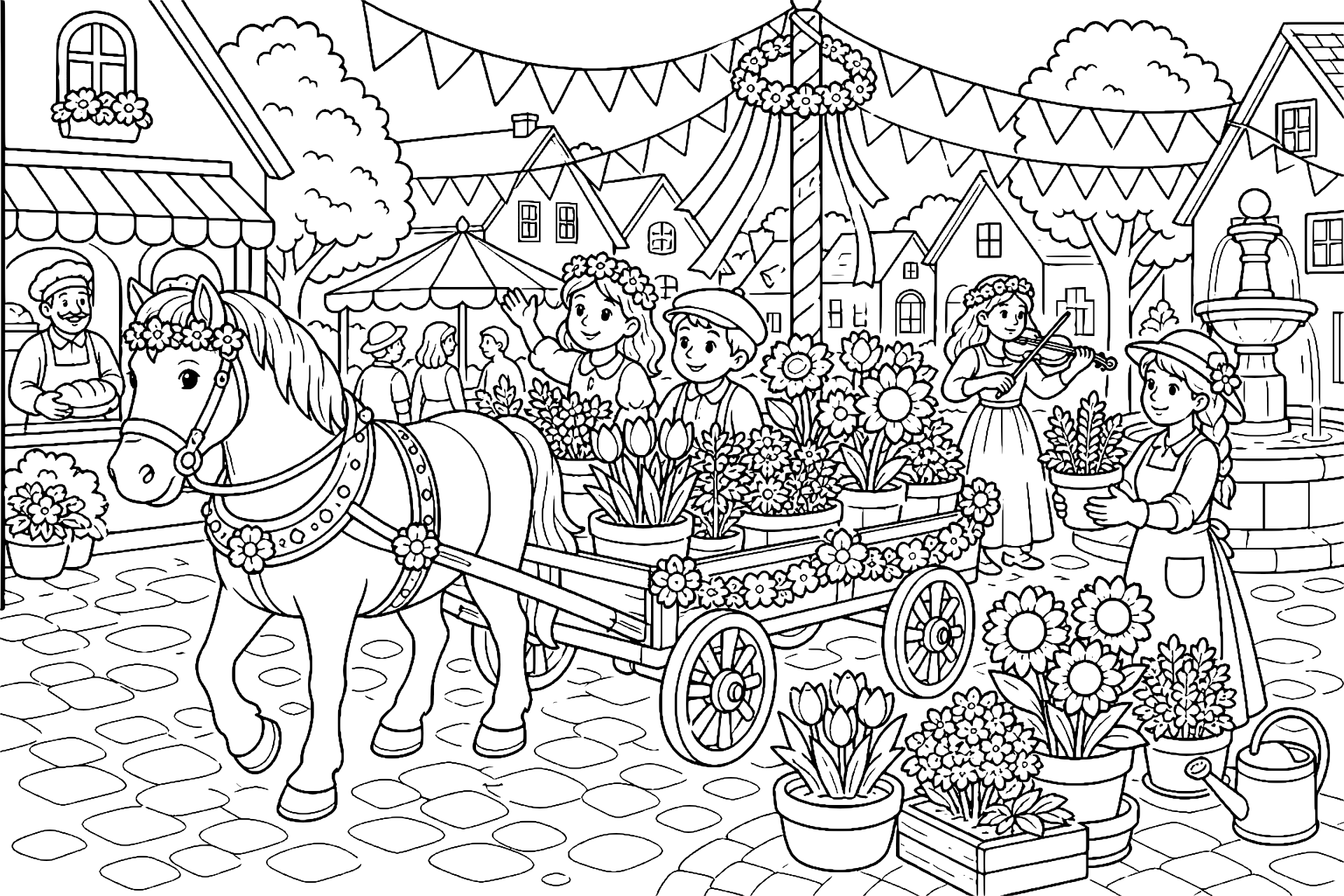 Pferd trägt Blumen für das Dorffest - Ausmalbild ab 8 Jahren