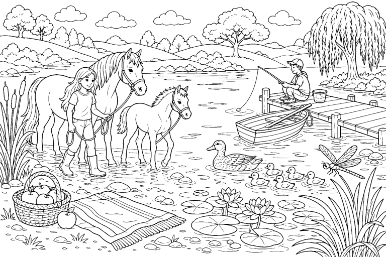 Pferd und Fohlen am See mit Entenfamilie - Ausmalbild ab 8 Jahren