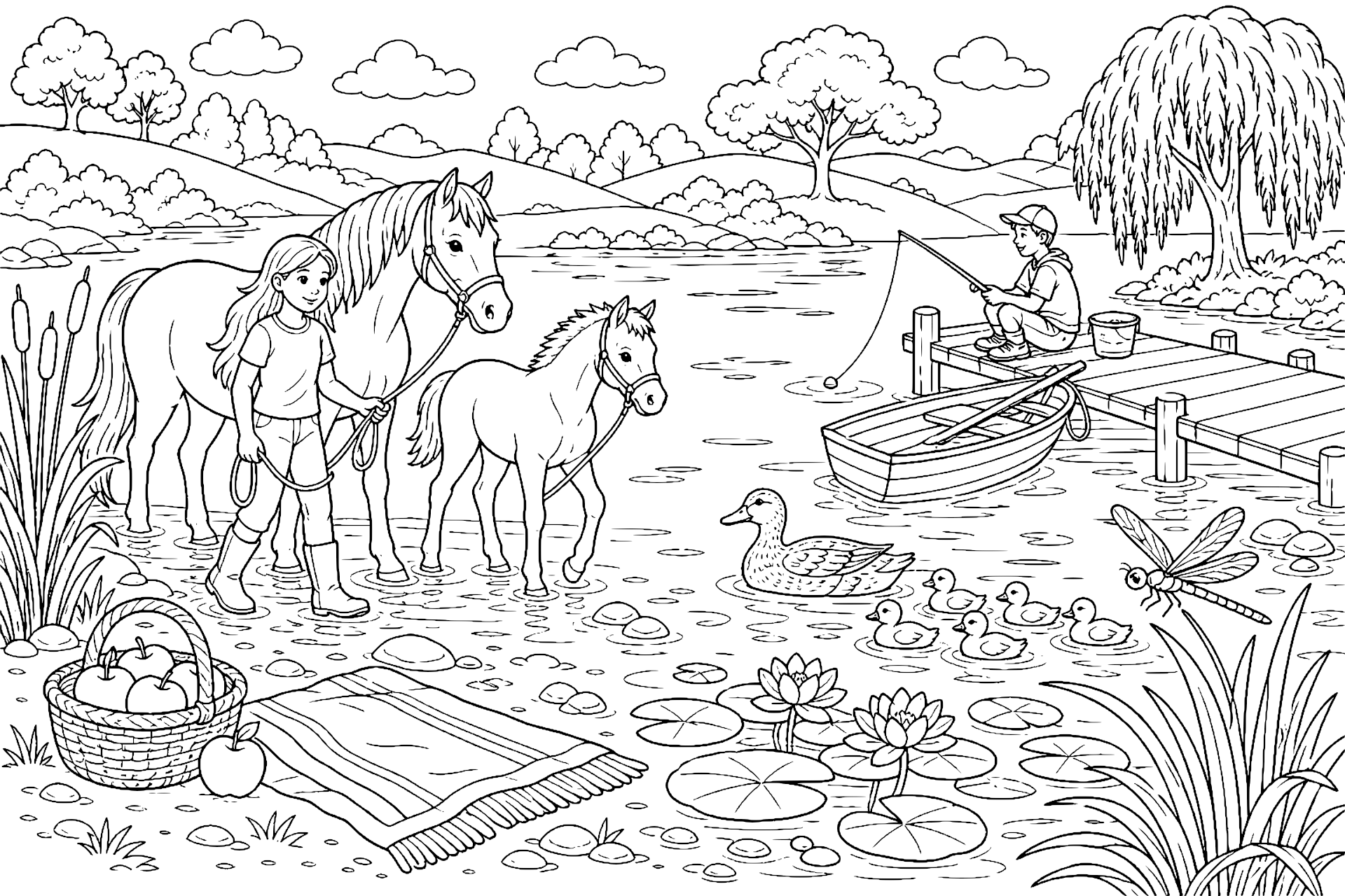 Pferd und Fohlen am See mit Entenfamilie - Ausmalbild ab 8 Jahren