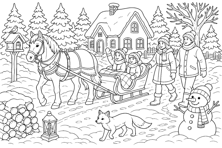 Pferd und Kinder beim winterlichen Schlittenausflug - Ausmalbild ab 8 Jahren