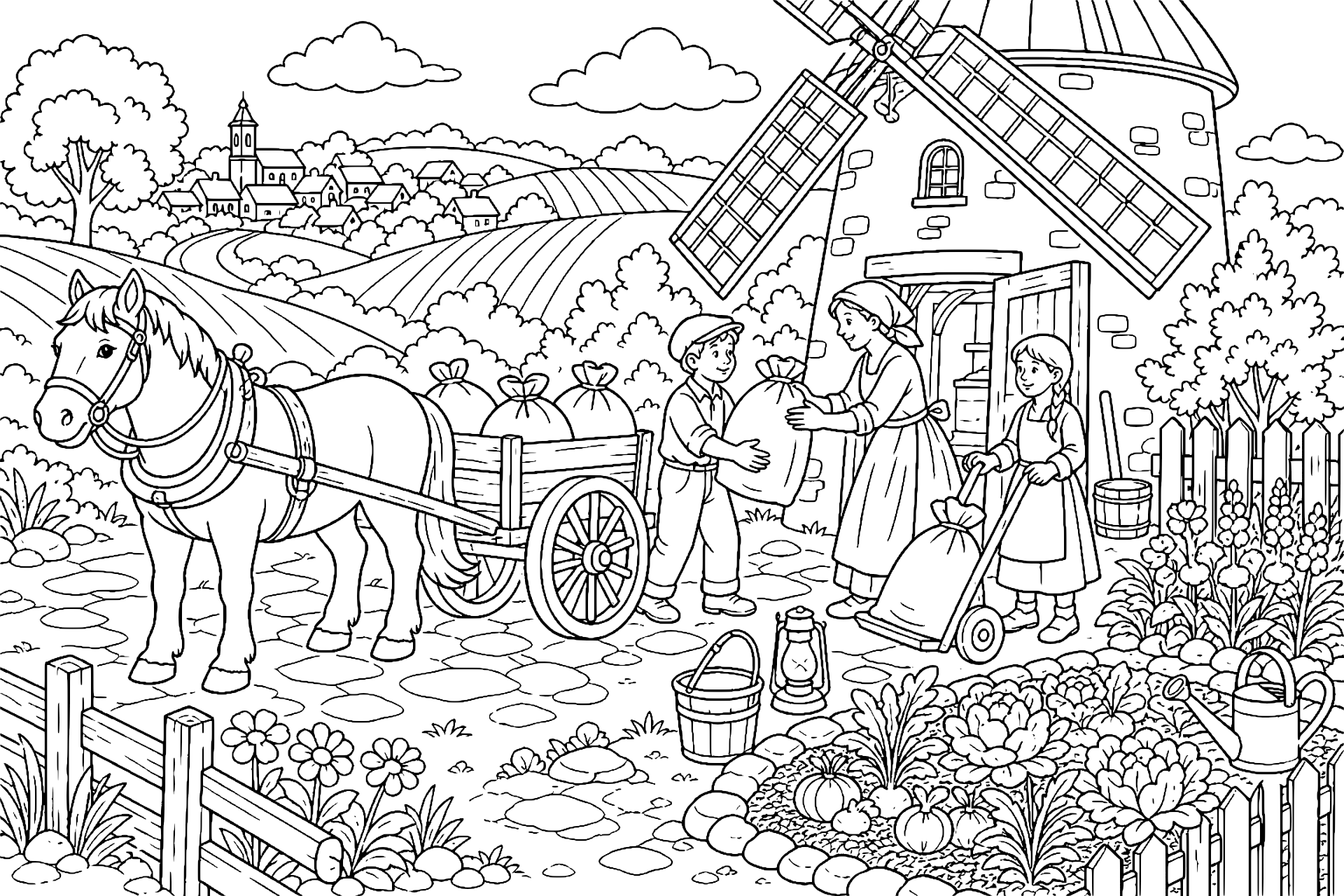 Pferd vor der alten Windmühle - Ausmalbild ab 8 Jahren