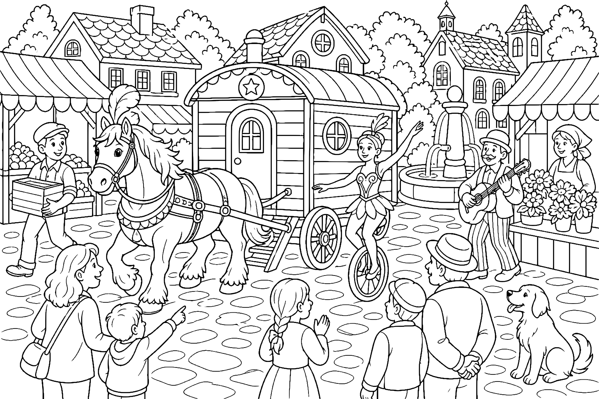 Pferd zieht einen kleinen Zirkuswagen - Ausmalbild ab 8 Jahren