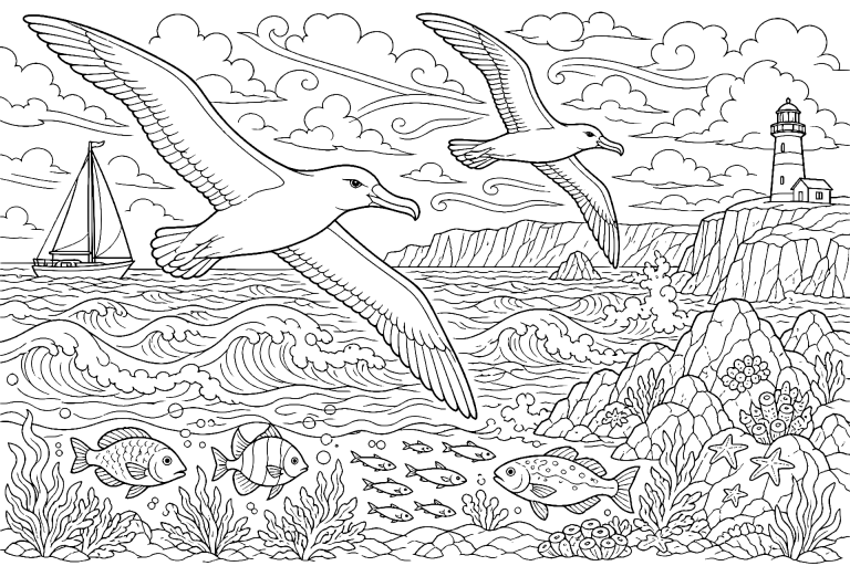Vögel Ausmalbild ab 8 Jahre - Albatrosse über dem Meer - Ausmalbild ab 8 Jahren