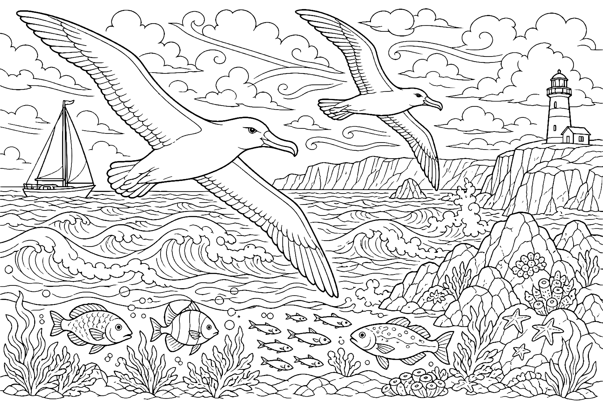 Vögel Ausmalbild ab 8 Jahre - Albatrosse über dem Meer - Ausmalbild ab 8 Jahren