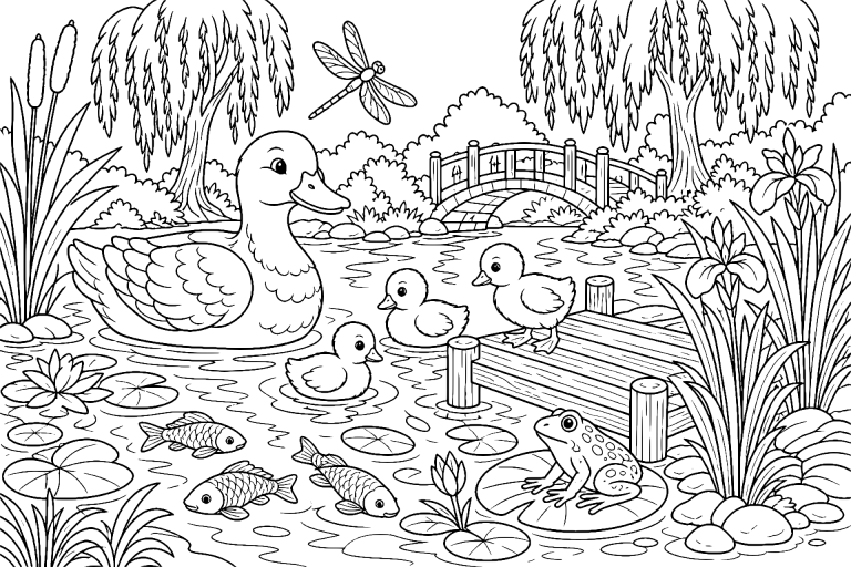 Vögel Ausmalbild ab 8 Jahre - Entenfamilie am Teich - Ausmalbild ab 8 Jahren