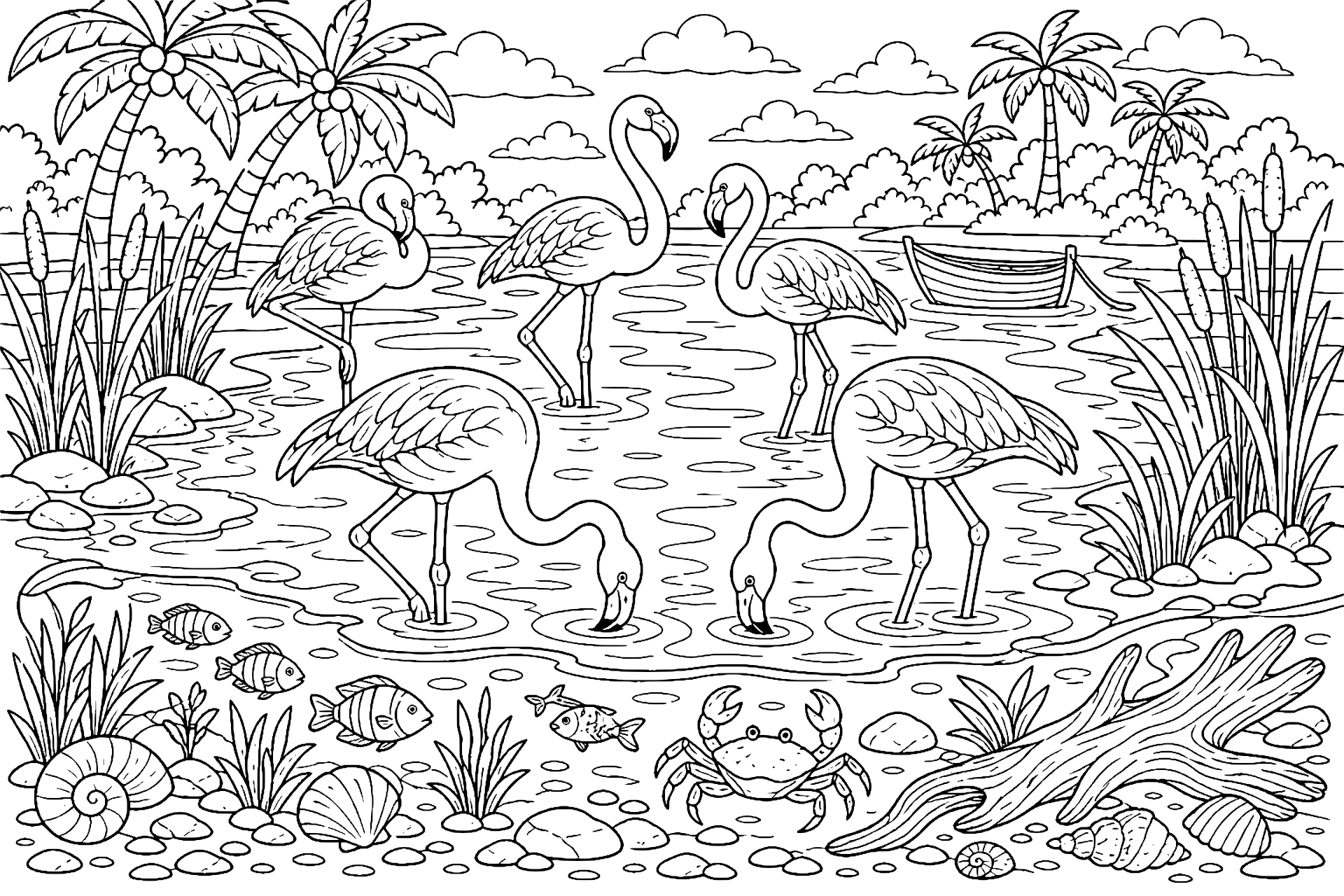 Vögel Ausmalbild ab 8 Jahre - Flamingos an der Lagune - Ausmalbild ab 8 Jahren