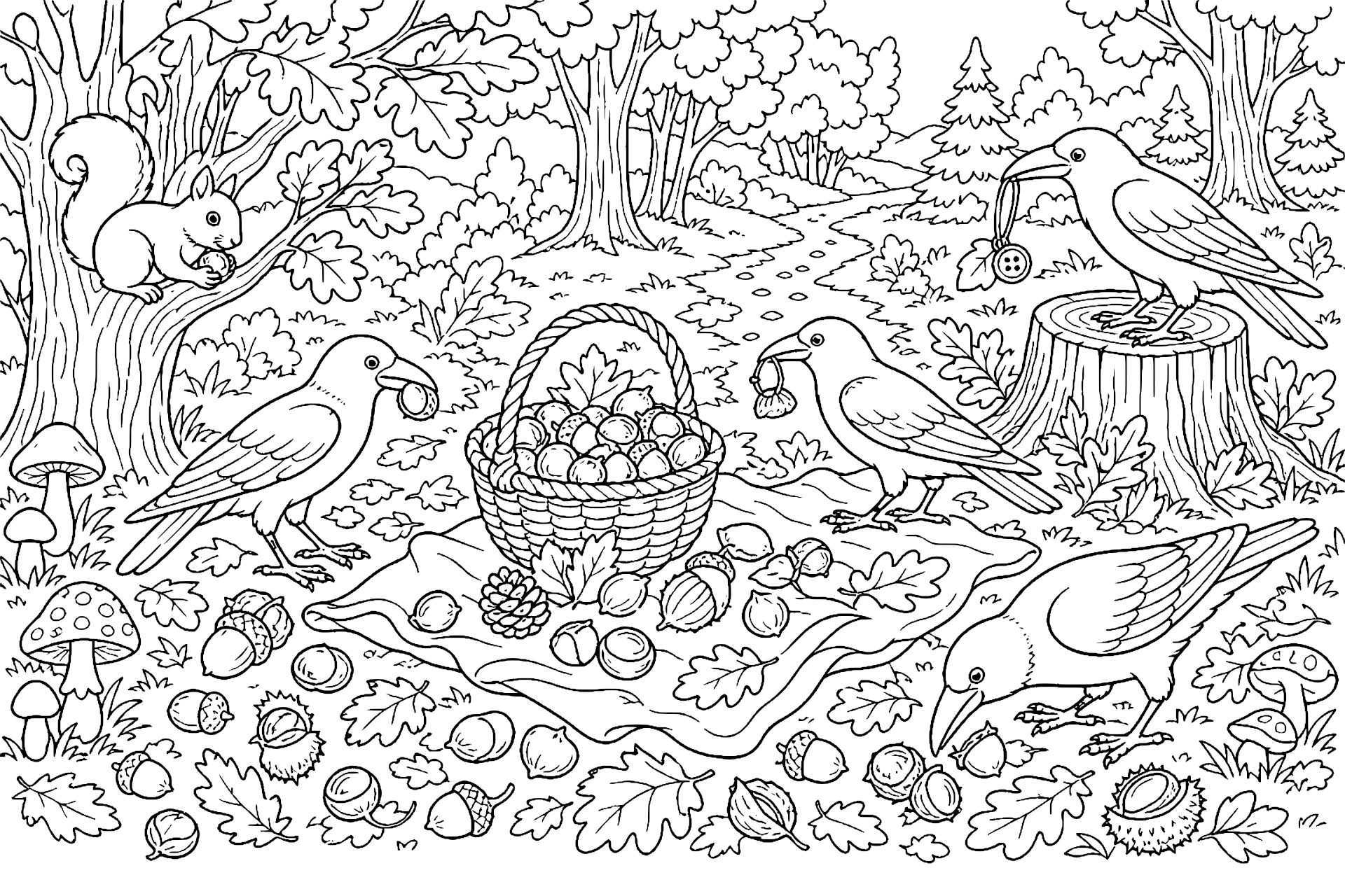 Vögel Ausmalbild ab 8 Jahre - Krähen beim Herbstfest - Ausmalbild ab 8 Jahren