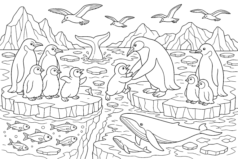 Vögel Ausmalbild ab 8 Jahre - Pinguine auf der Eisscholle - Ausmalbild ab 8 Jahren